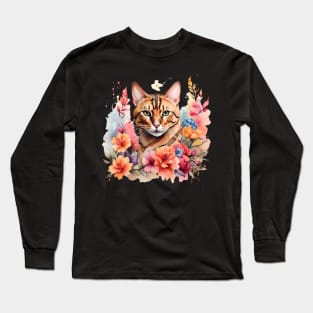 A bengal cat decorated with beautiful watercolor flowers Long Sleeve T-Shirt